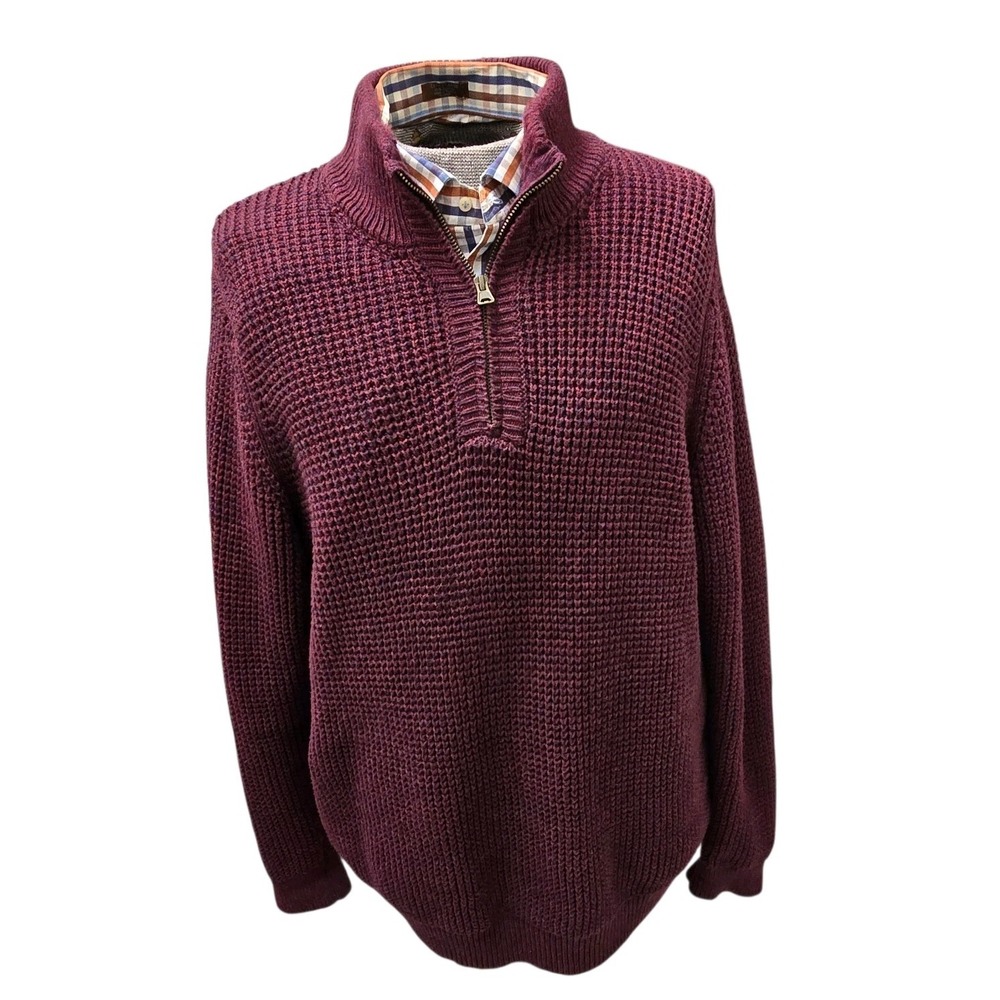 Vtg 90s LL Bean Chunky Waffle Knit Sweater 1/4 Zip Men's XL Burgundy Org Cotton